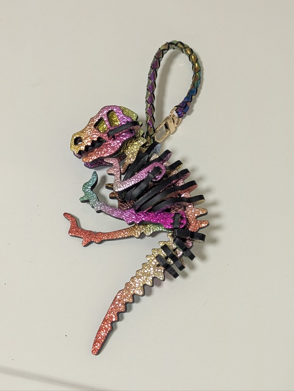 Iridescent Dinosaur Skeleton Keychain Charm Handmade Leather